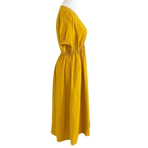 THE KORNER MUSTARD YELLOW SURPLICE LINEN BLEND EMPIRE WAIST MIDI DRESS - XS - Picture 3 of 10